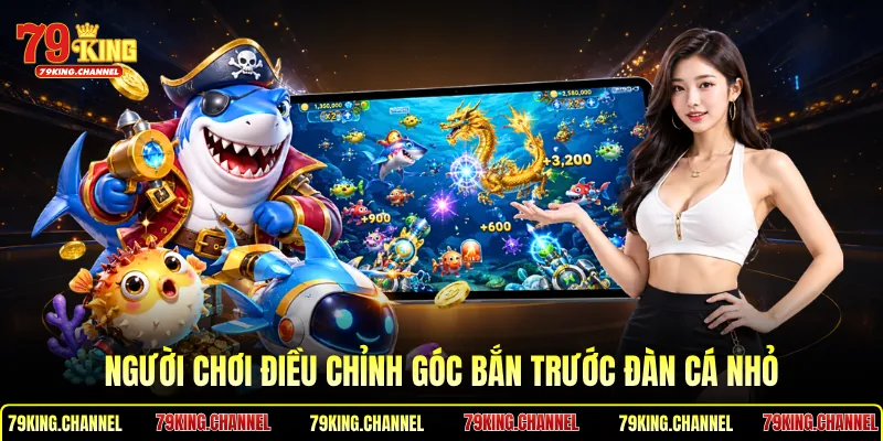 Người chơi điều chỉnh góc bắn trước đàn cá nhỏ