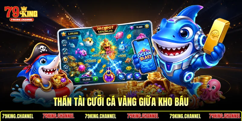 Thần Tài cưỡi cá vàng giữa kho báu